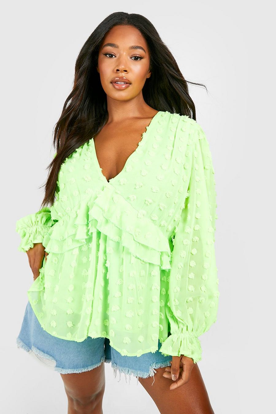 Lime Plus Gesmokte Dobby Chiffon Top Met Ruches image number 1