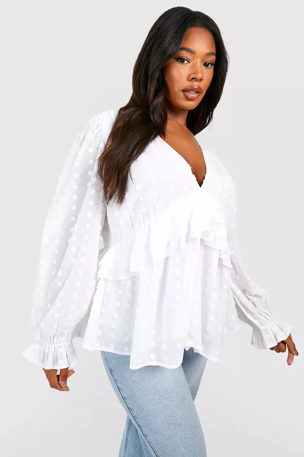 White Plus Large Dobby Ruffle Chiffon Smock Top alternative image