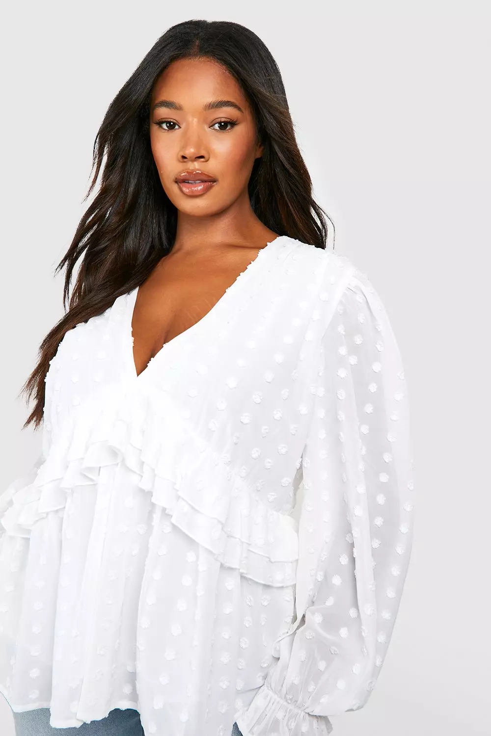 White Plus Large Dobby Ruffle Chiffon Smock Top alternative image