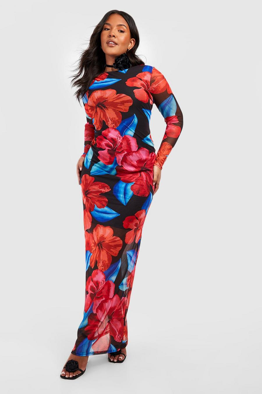 Red Plus Floral Mesh Low Back Maxi Dress image number 1