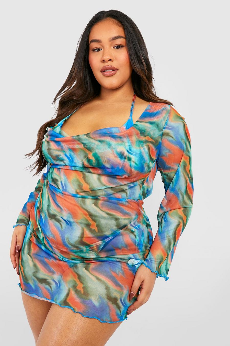 Blue Plus Abstract Cowl Neck Mesh Beach Dress  image number 1