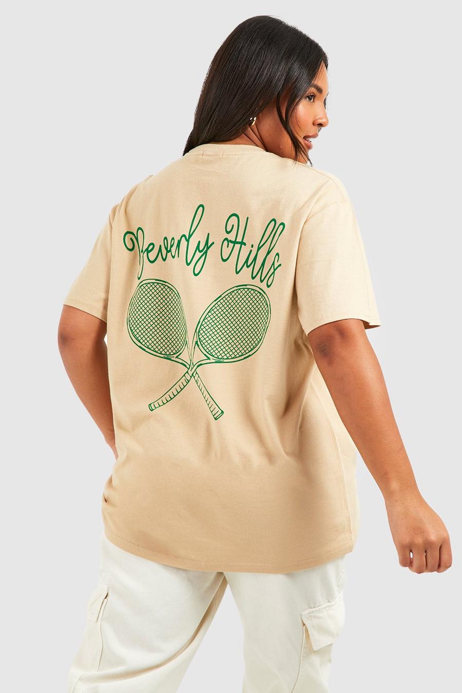 Plus Oversize T-Shirt mit Beverly Hills Tennis Print, Beige image number 1