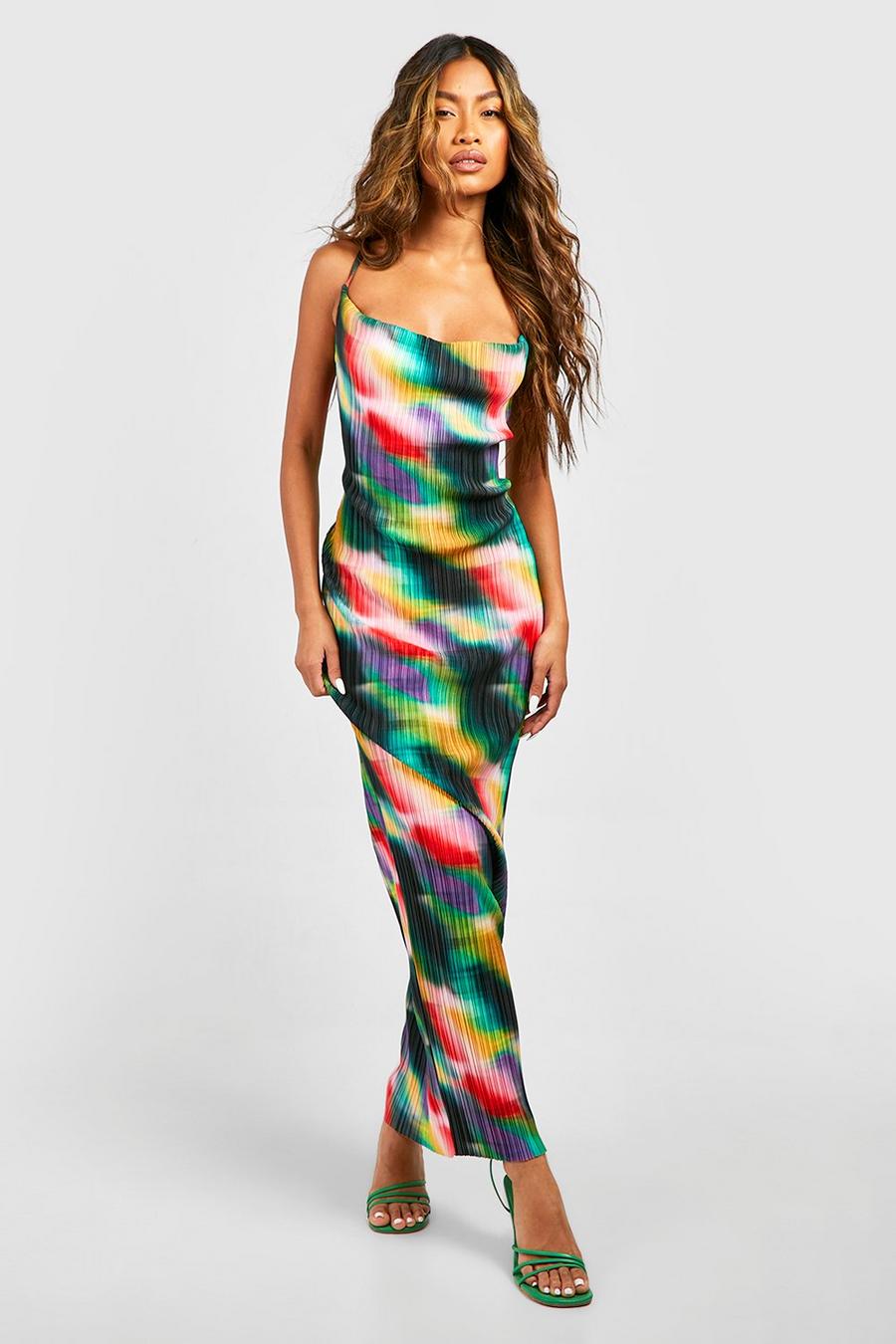 Vestido maxi plisado con estampado abstracto, Multi image number 1
