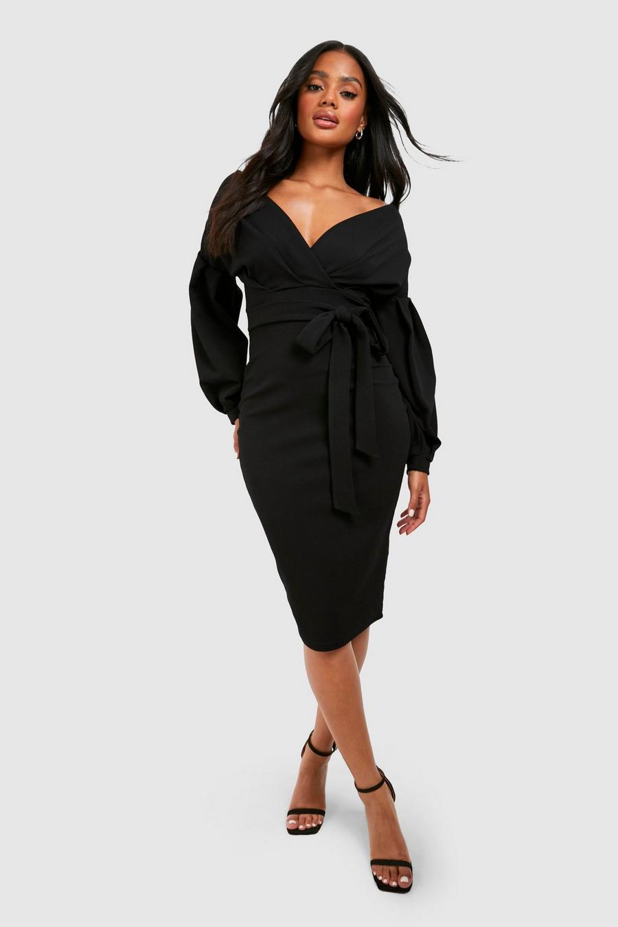 Black Off The Shoulder Wrap Midi Dress image number 1