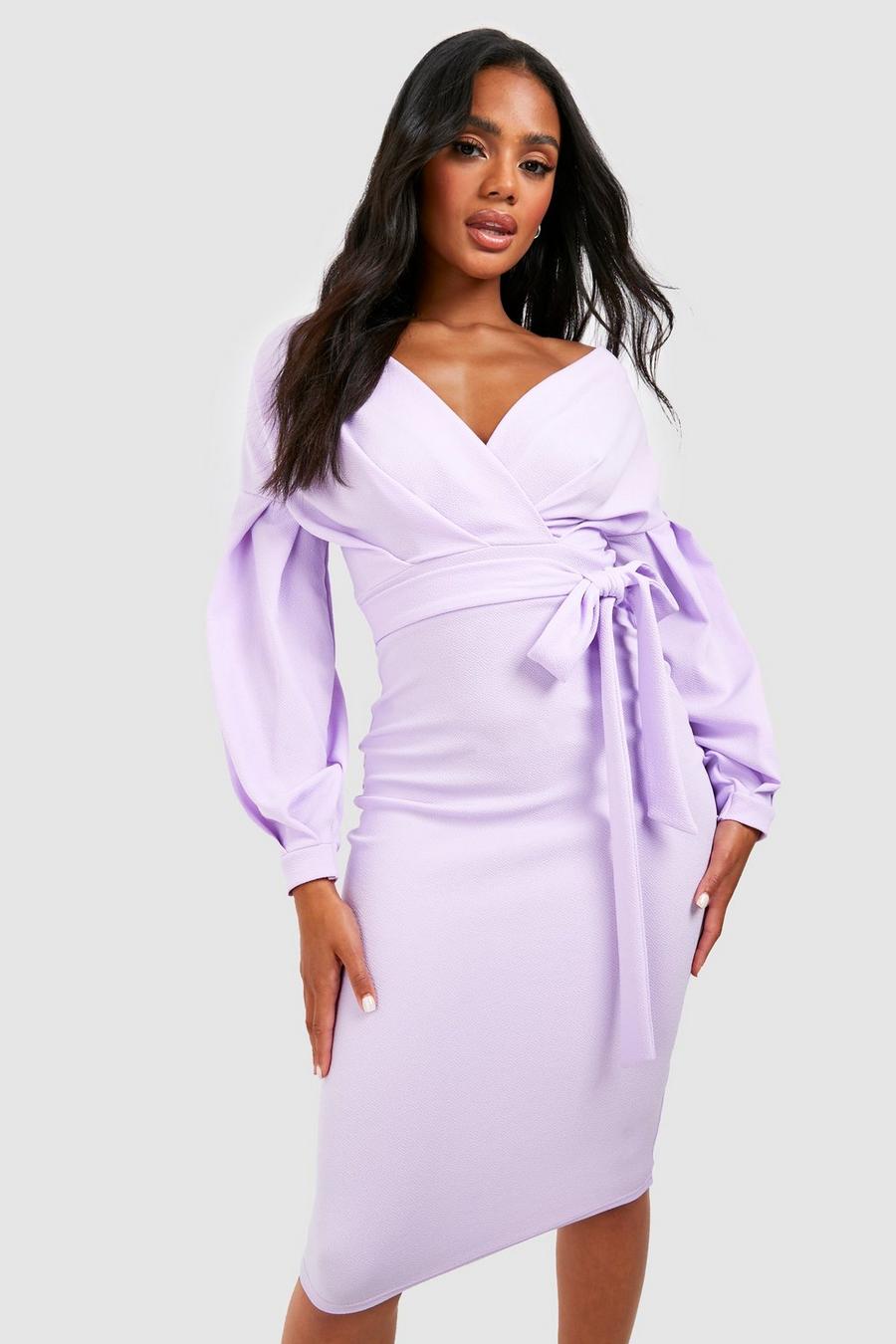 Lilac Off The Shoulder Wrap Midi Dress image number 1