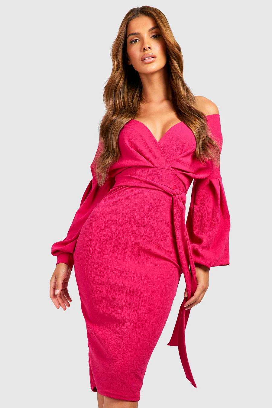 Off The Shoulder Wrap Midi Dress, Hot pink rosa
