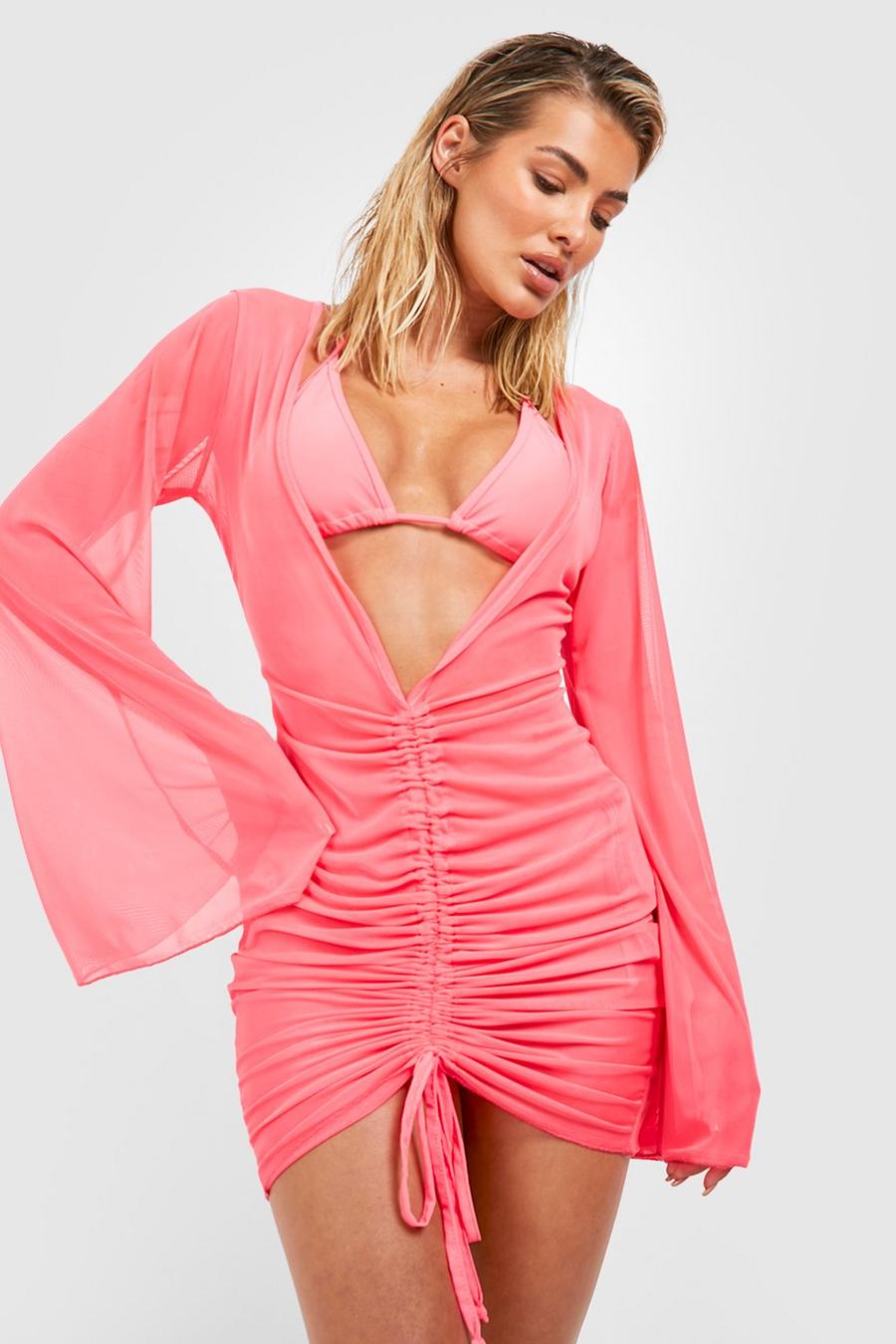 Neon-pink Mesh Flared Sleeve Ruched Beach Mini Dress
