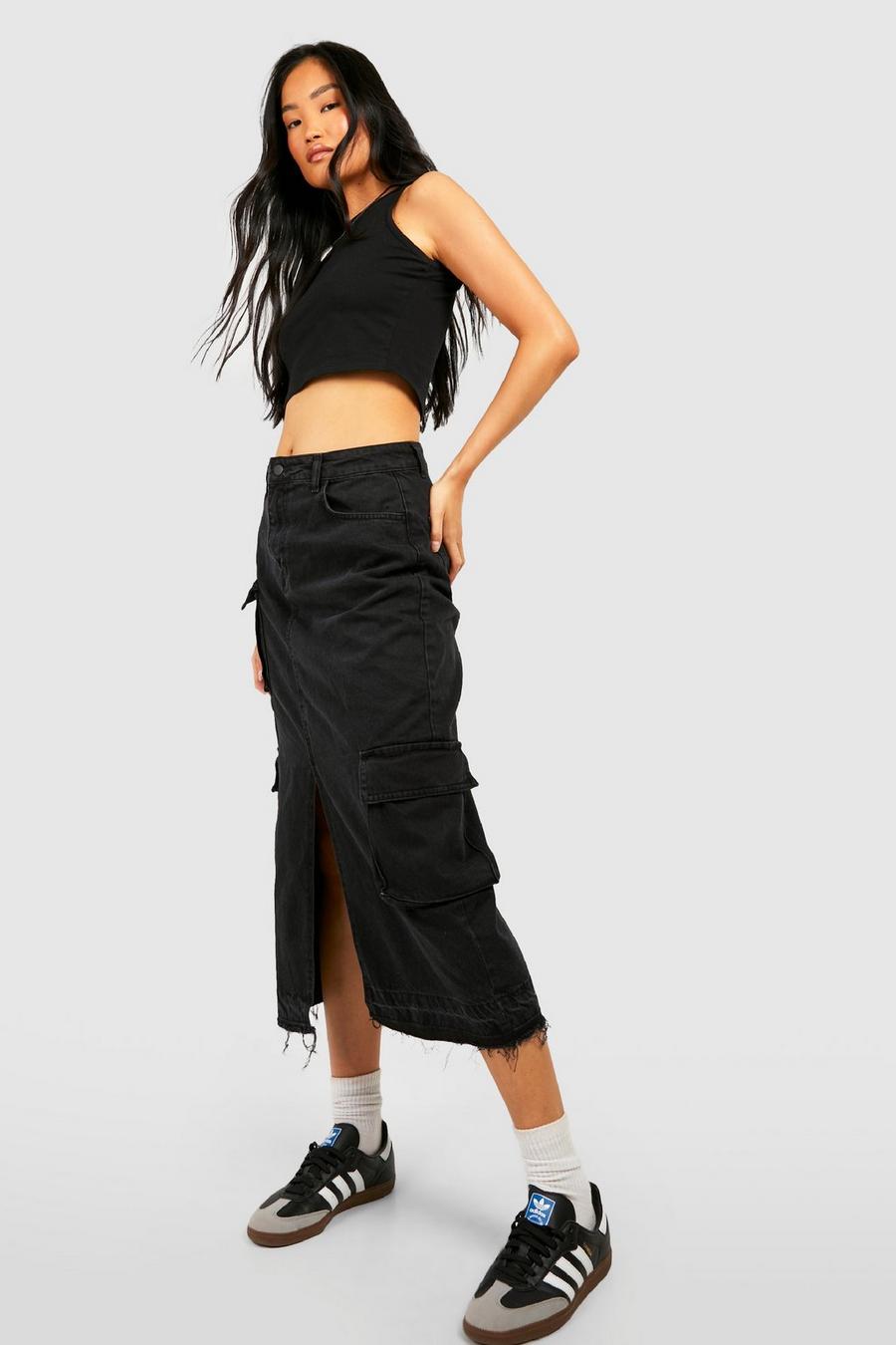Black Split Front Cargo Pocket Denim Midi Skirt image number 1