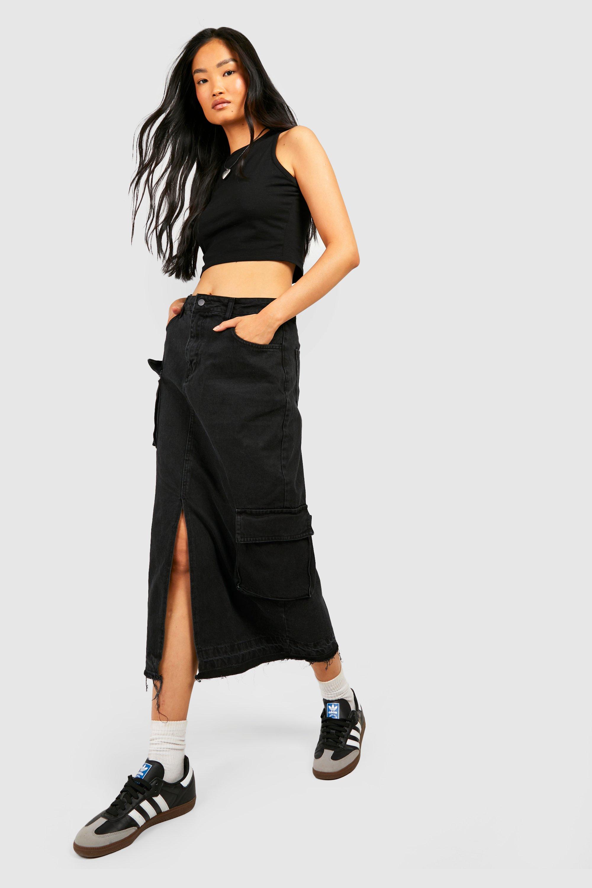 Black Cargo Pocket Split Denim Skirt, High * Solid Color A-line Long Denim  Skirt, Women's Denim Jeans & Clothing