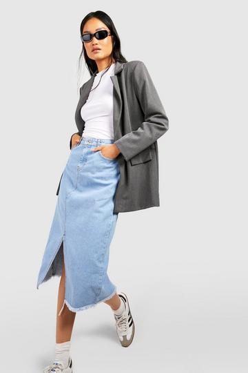 Blue Split Front Fray Hem Denim Midaxi Skirt