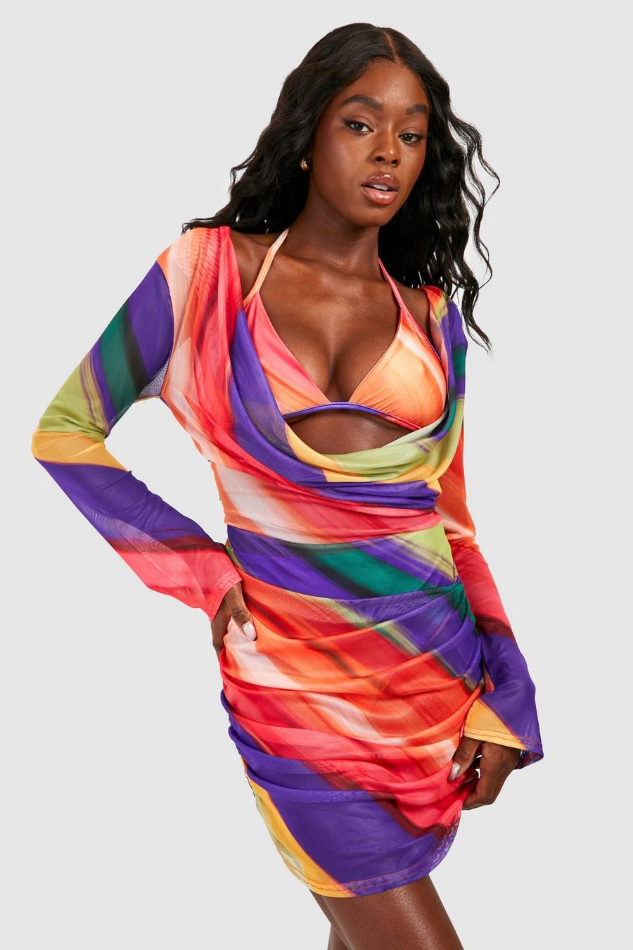 Purple Abstract Stripe Cowl Neck Mesh Beach Dress image number 1