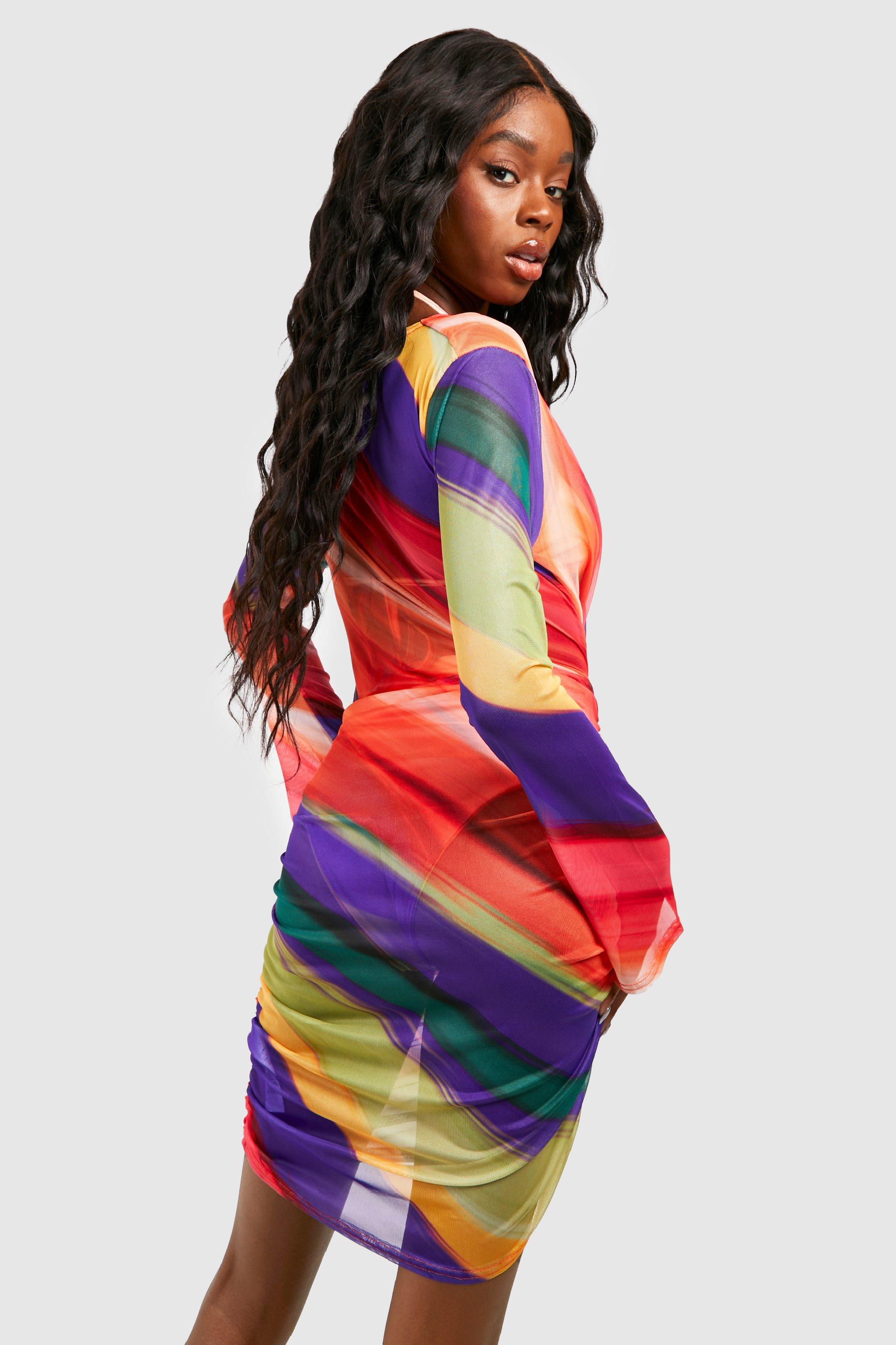 Abstract Stripe Cowl Neck Mesh Beach Dress