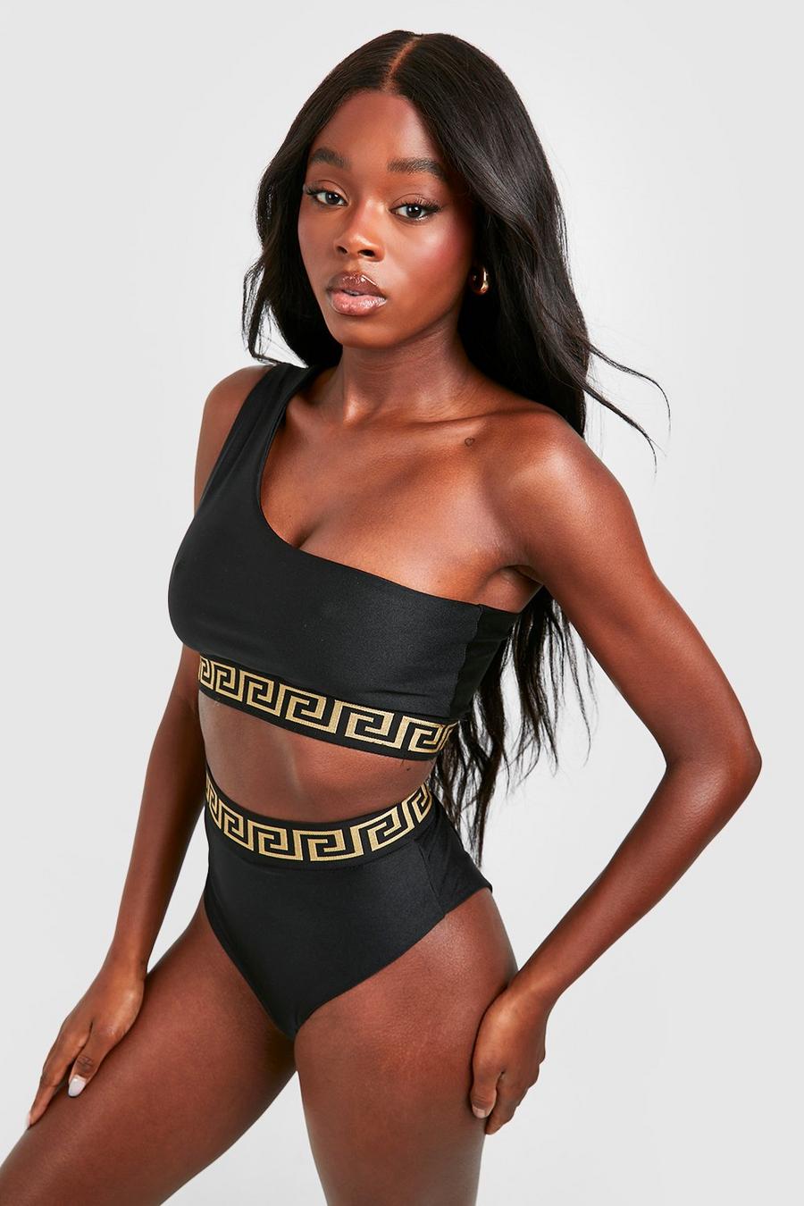 Black noir Geo Print Bikini Set Met Eén Blote Schouder En Hoge Taille