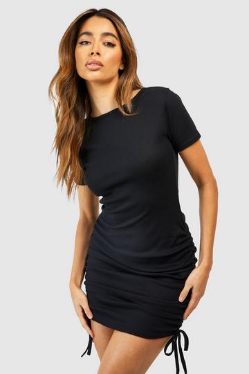 Black Ruched Detail Ribbed Mini Bodycon Dress