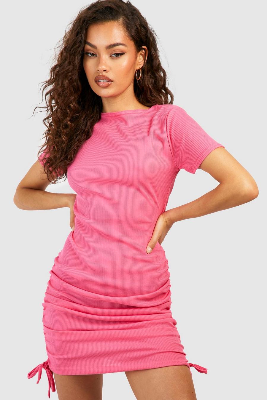 Pink Rouched Detail Ribbed Mini Bodycon Dress image number 1