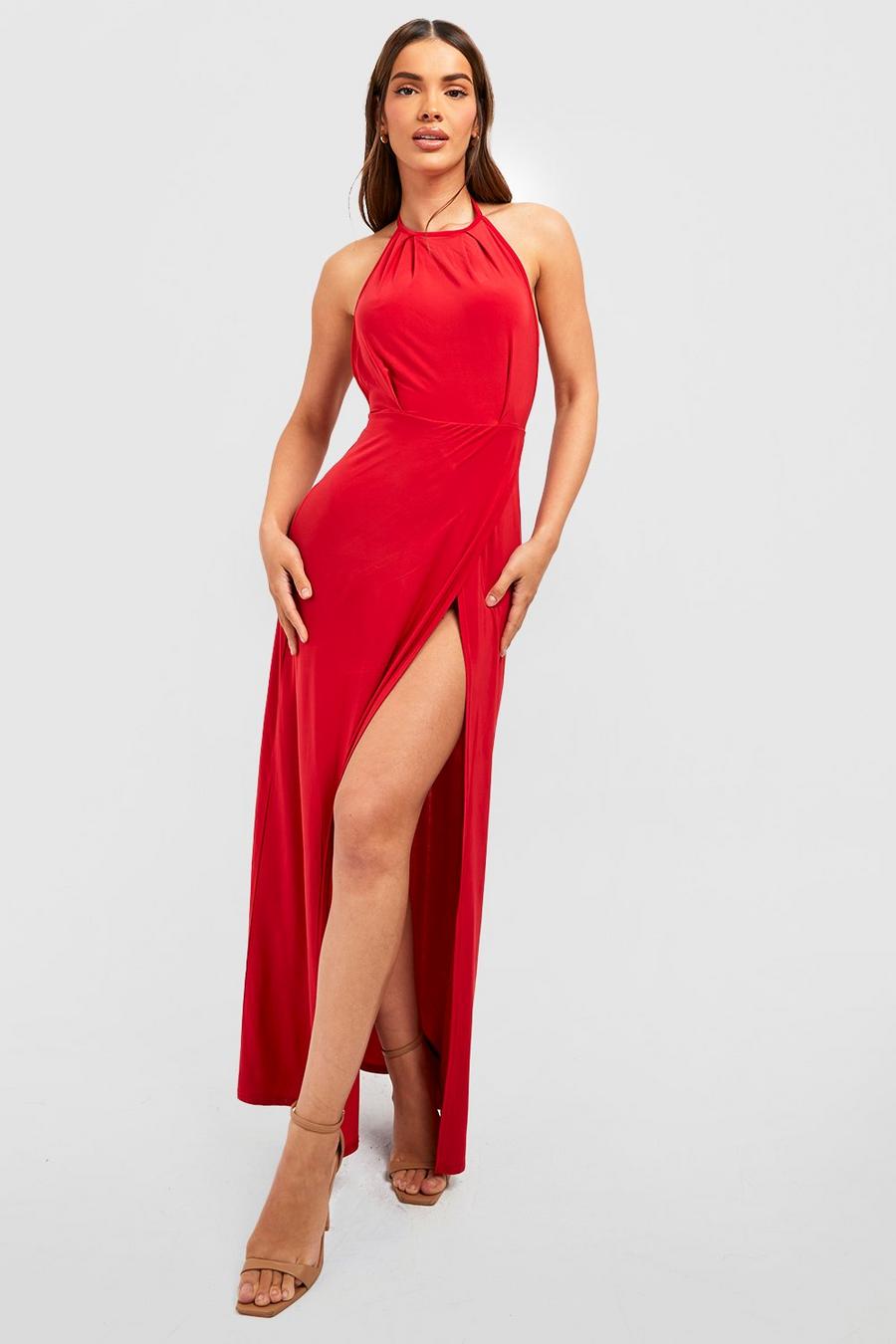 Red Halterneck High Split Maxi Dress