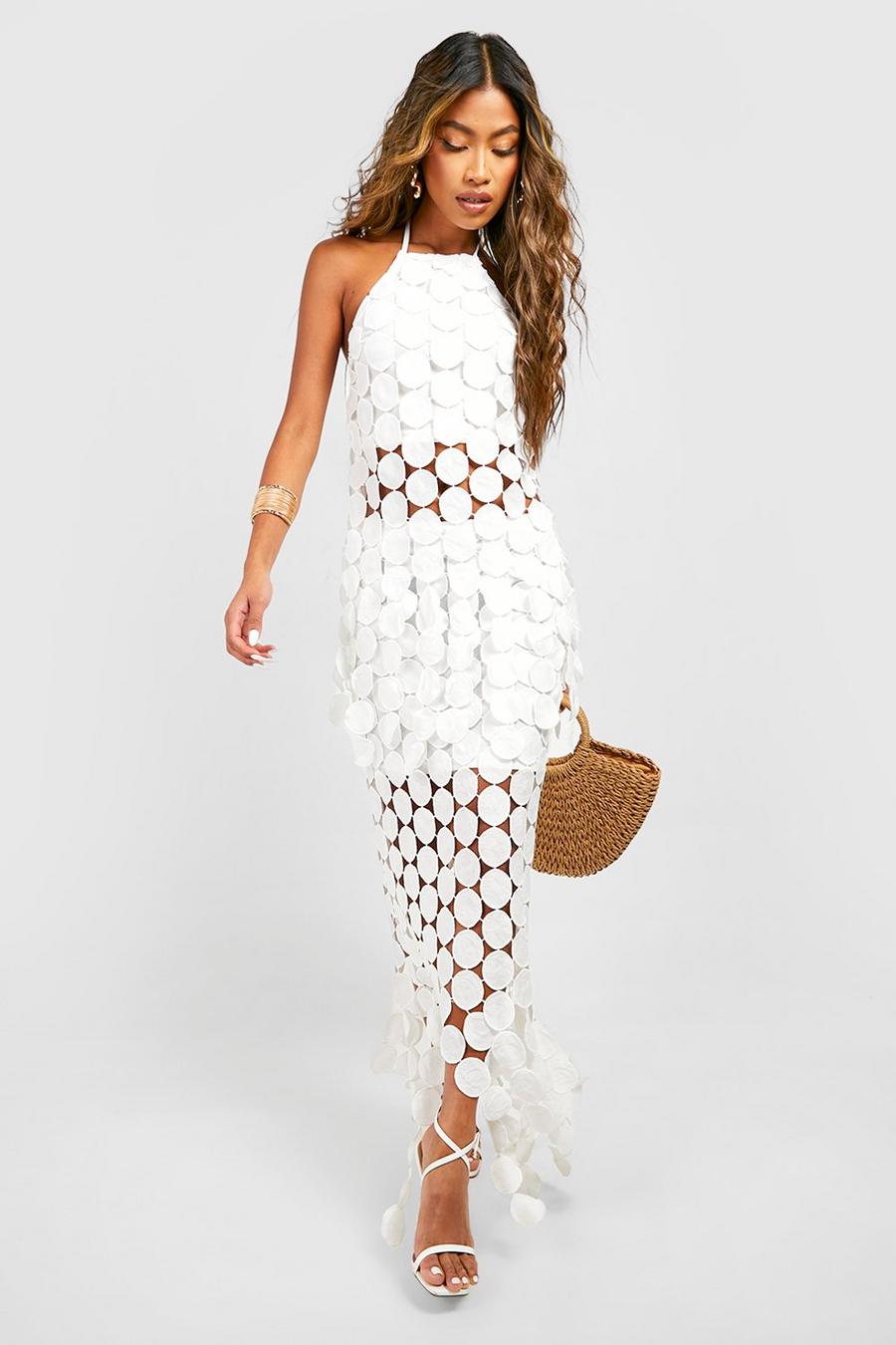 White Disk Crochet Asymmetric Hem Maxi Skirt image number 1