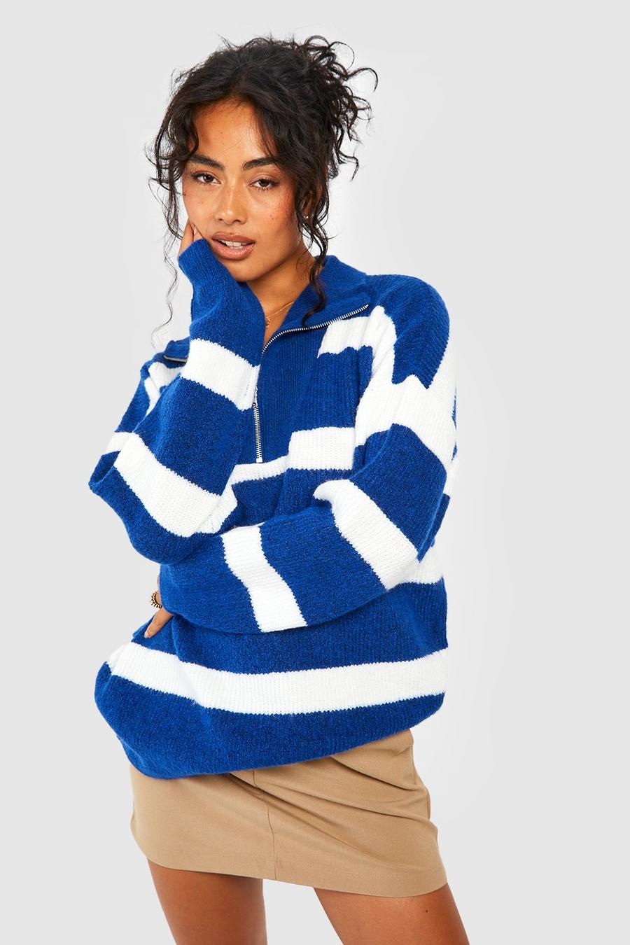 Cobalt blue Half Zip Funnel Neck Stripe Sweater