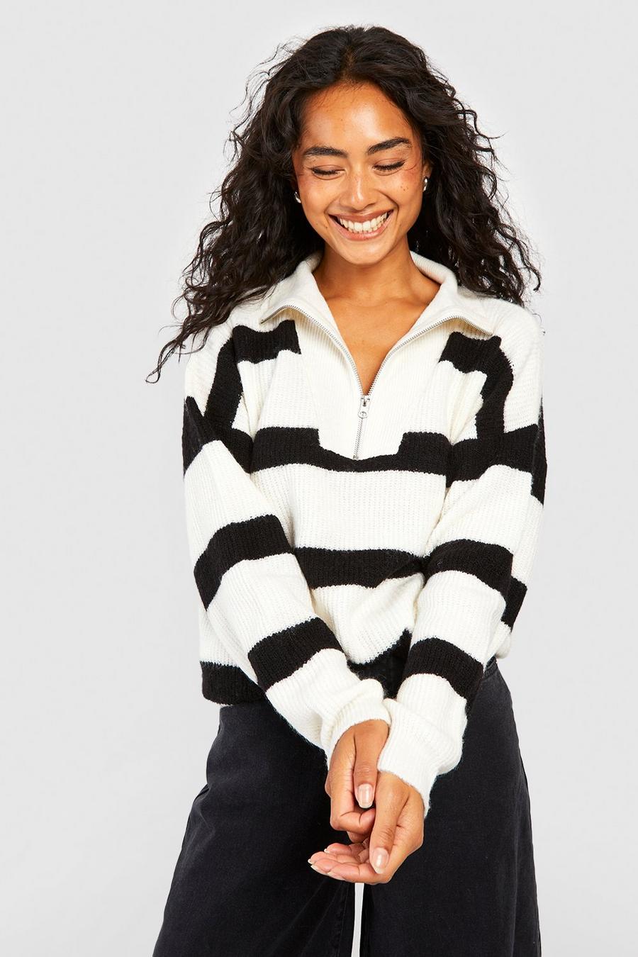 White Half Zip Funnel Neck Stripe Sweater