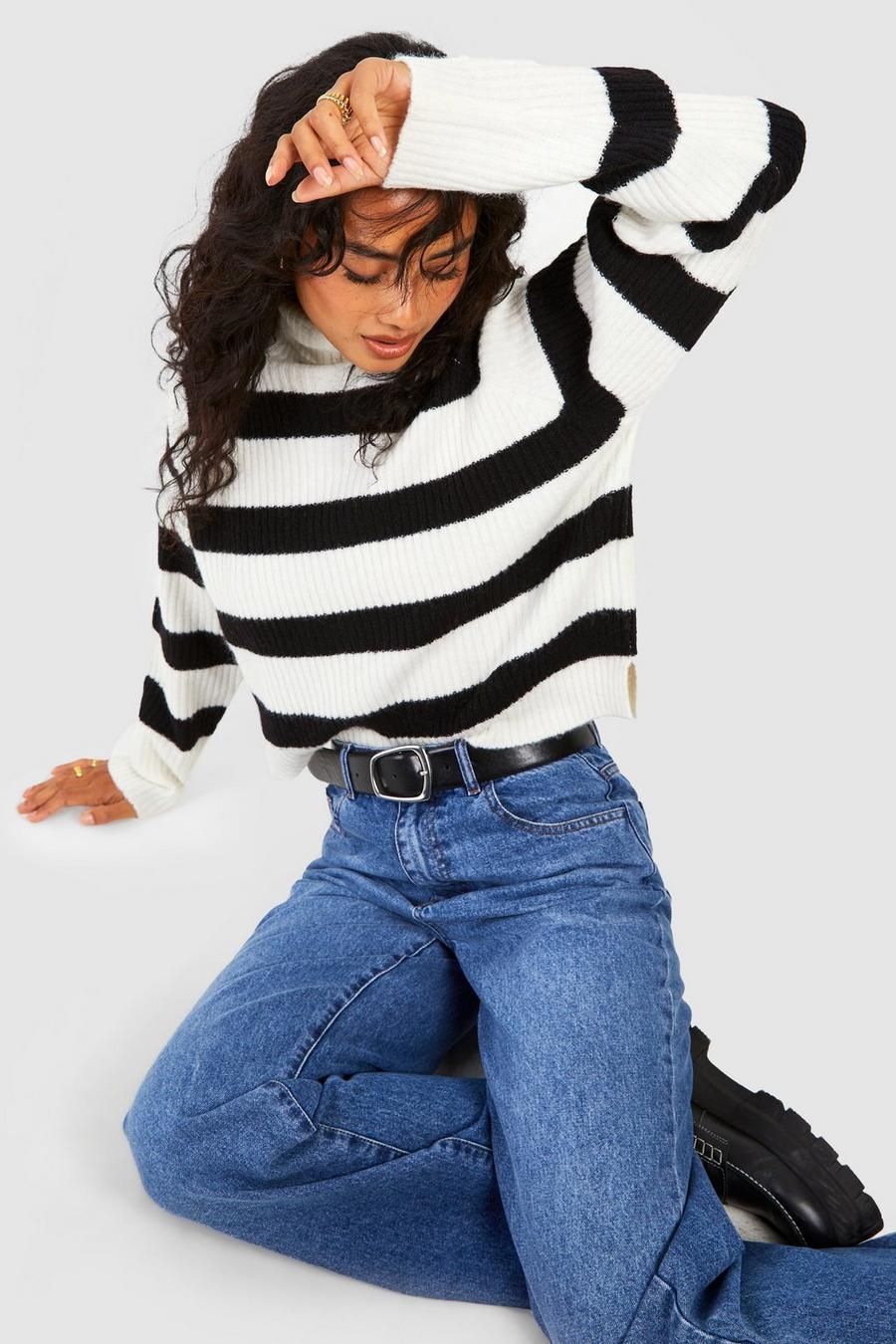 White Soft Knit Stripe Crop Sweater image number 1