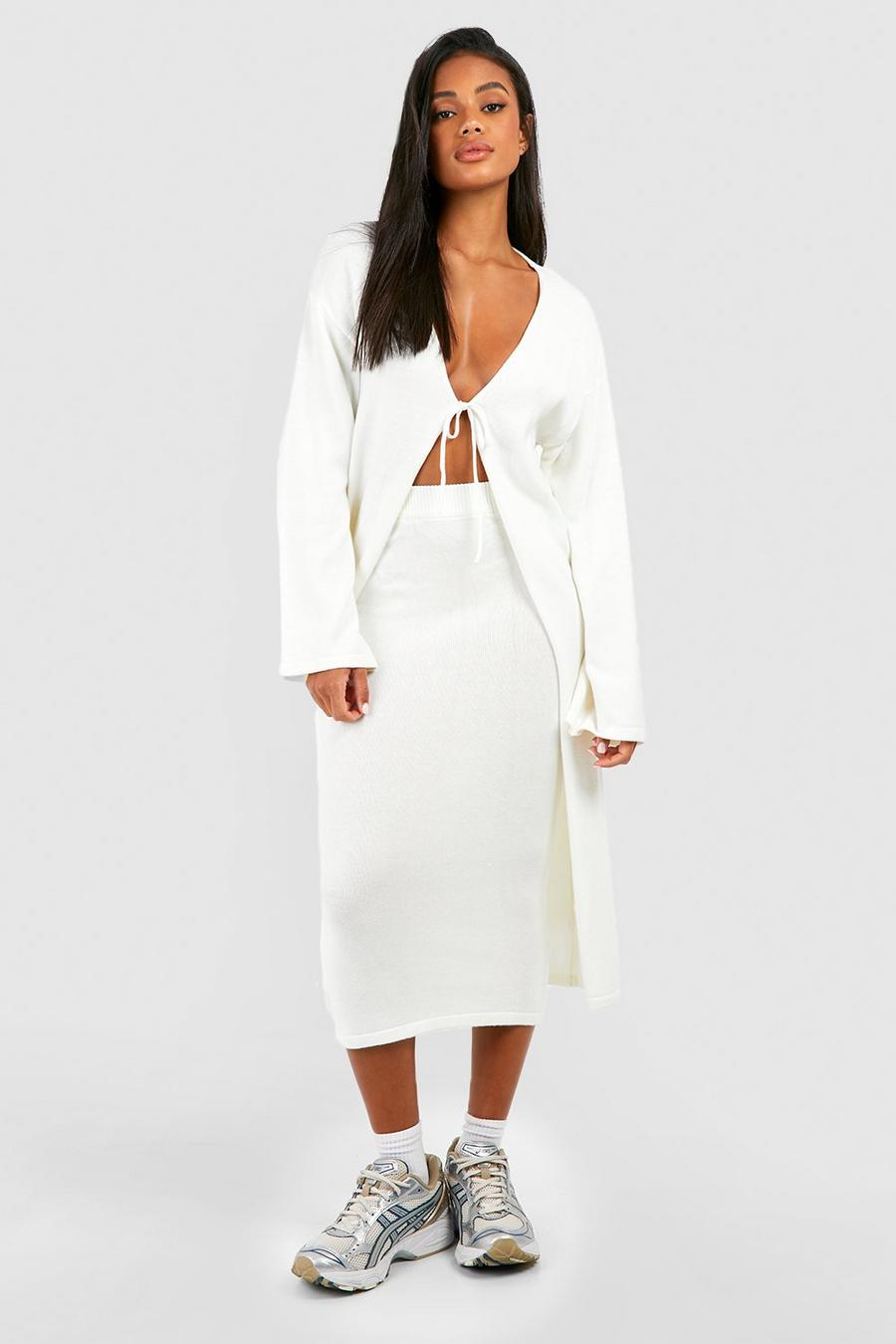 Ecru white Lace Up Longline Cardigan & Maxi Skirt Knitted Set