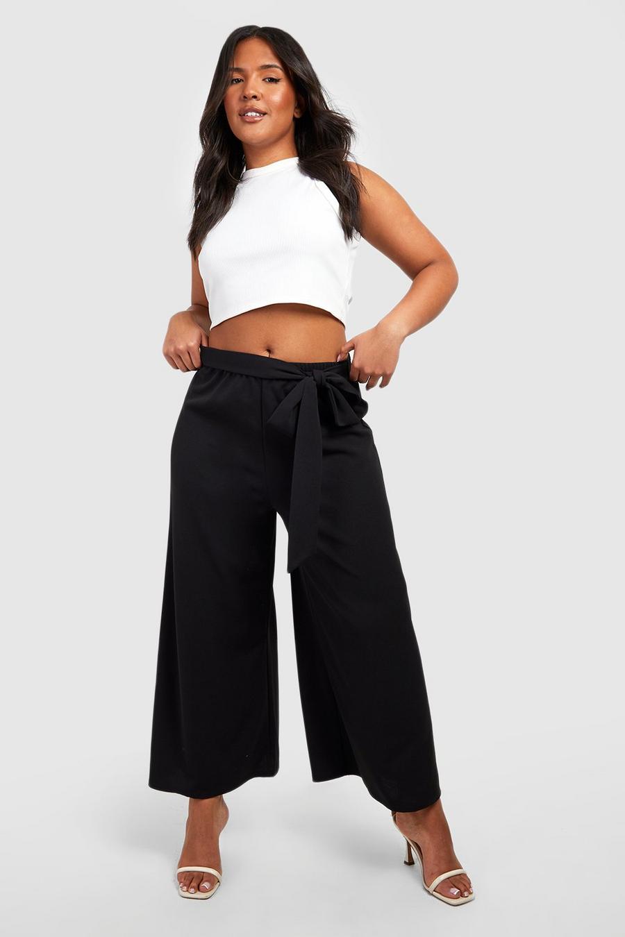 Black Plus Crepe Belted Culotte Trousers image number 1