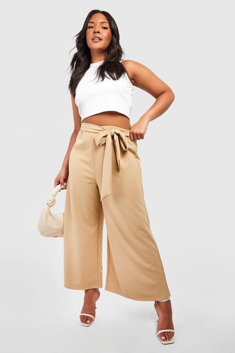 Plus Crepe Belted Culotte Trousers, Stone beige