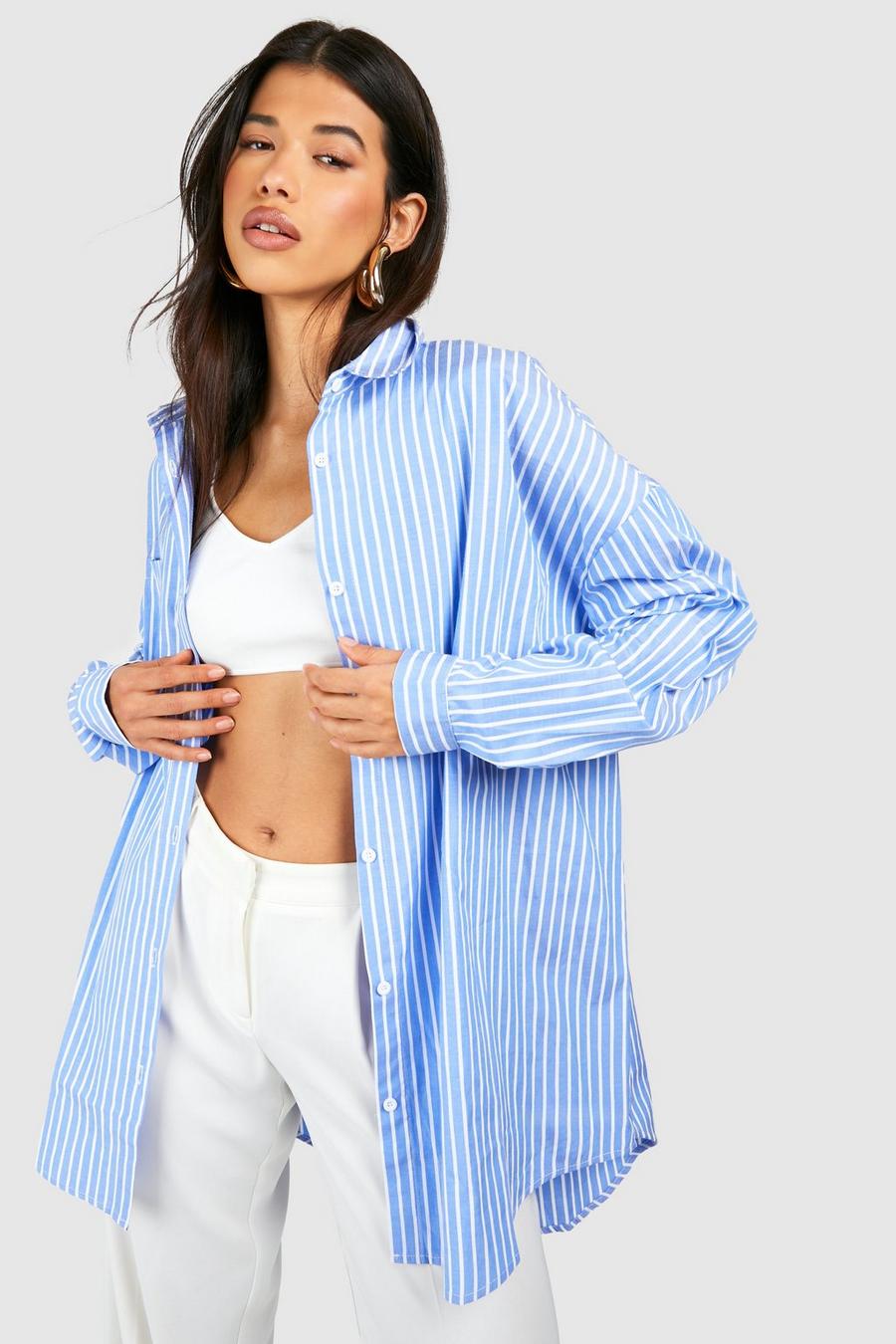 Camicia Tall oversize in popeline a righe, Blue image number 1