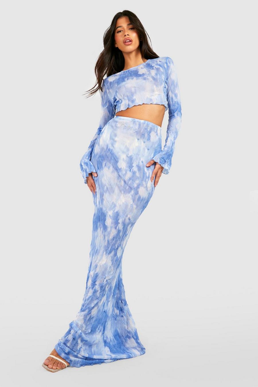 Falda Tall maxi de malla con estampado efecto mármol, Blue image number 1