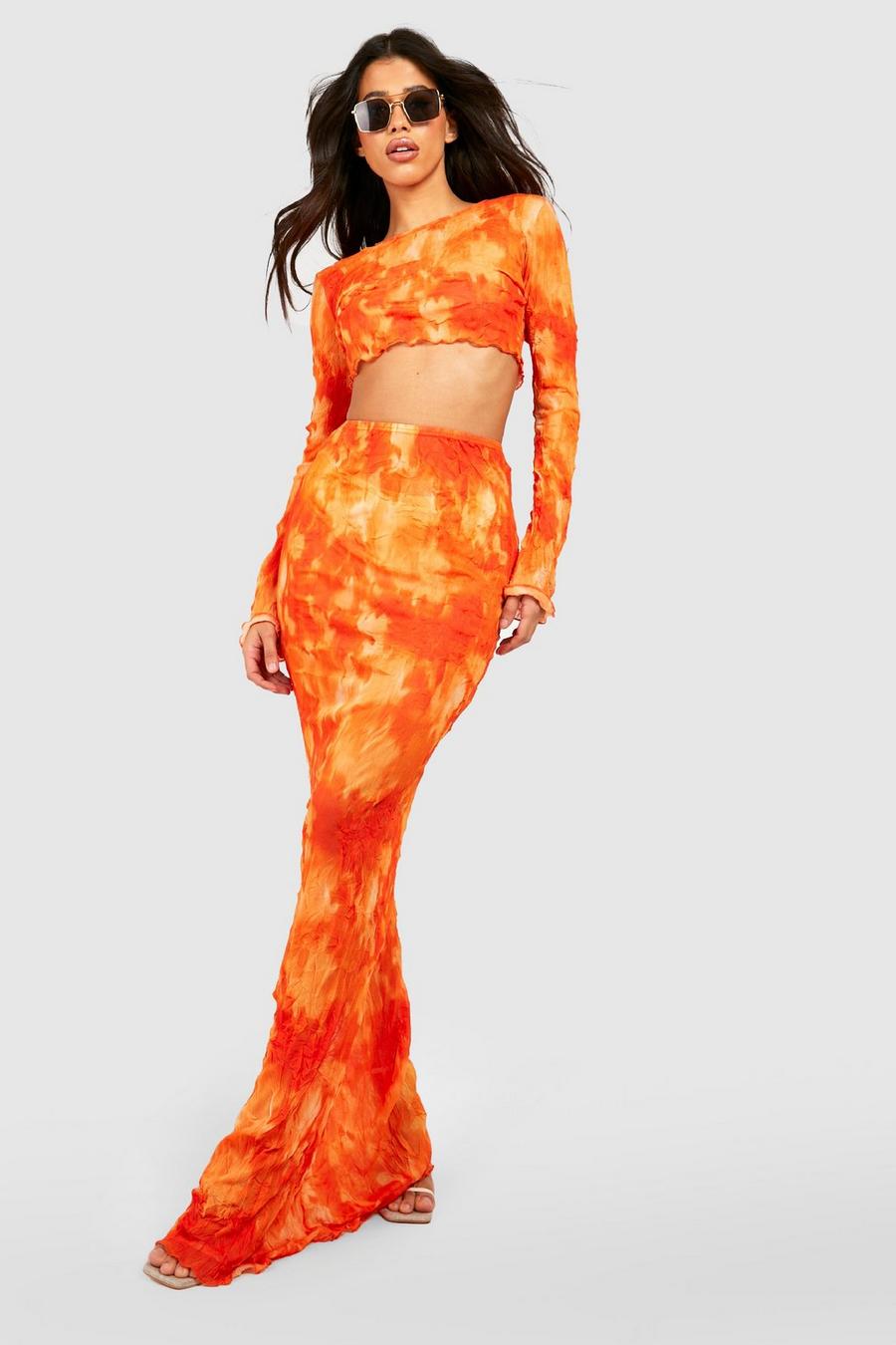 Falda Tall maxi de malla con estampado efecto mármol, Orange image number 1