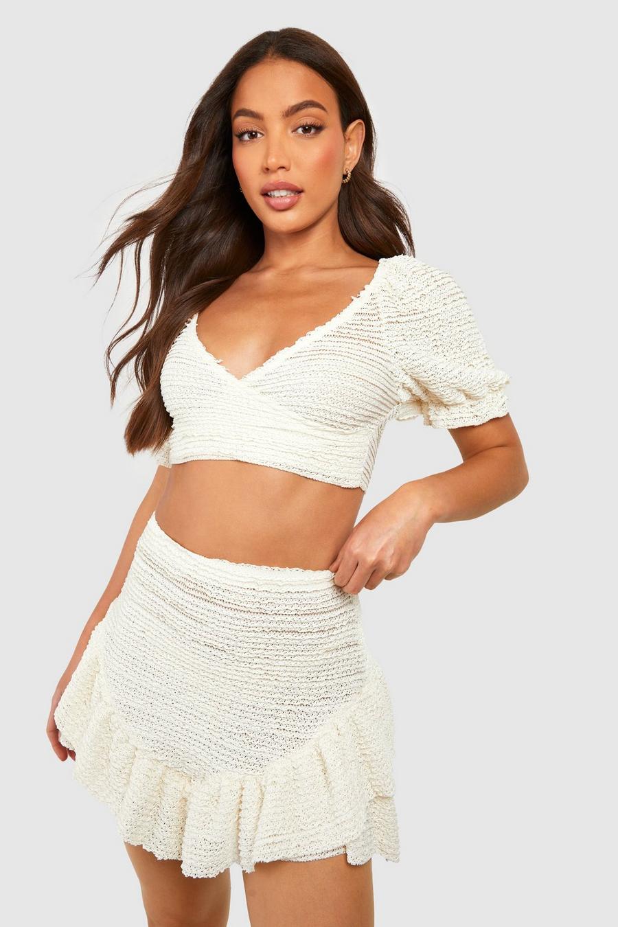 Ecru Tall Lacey Textured Puff Sleeve Crop Top image number 1