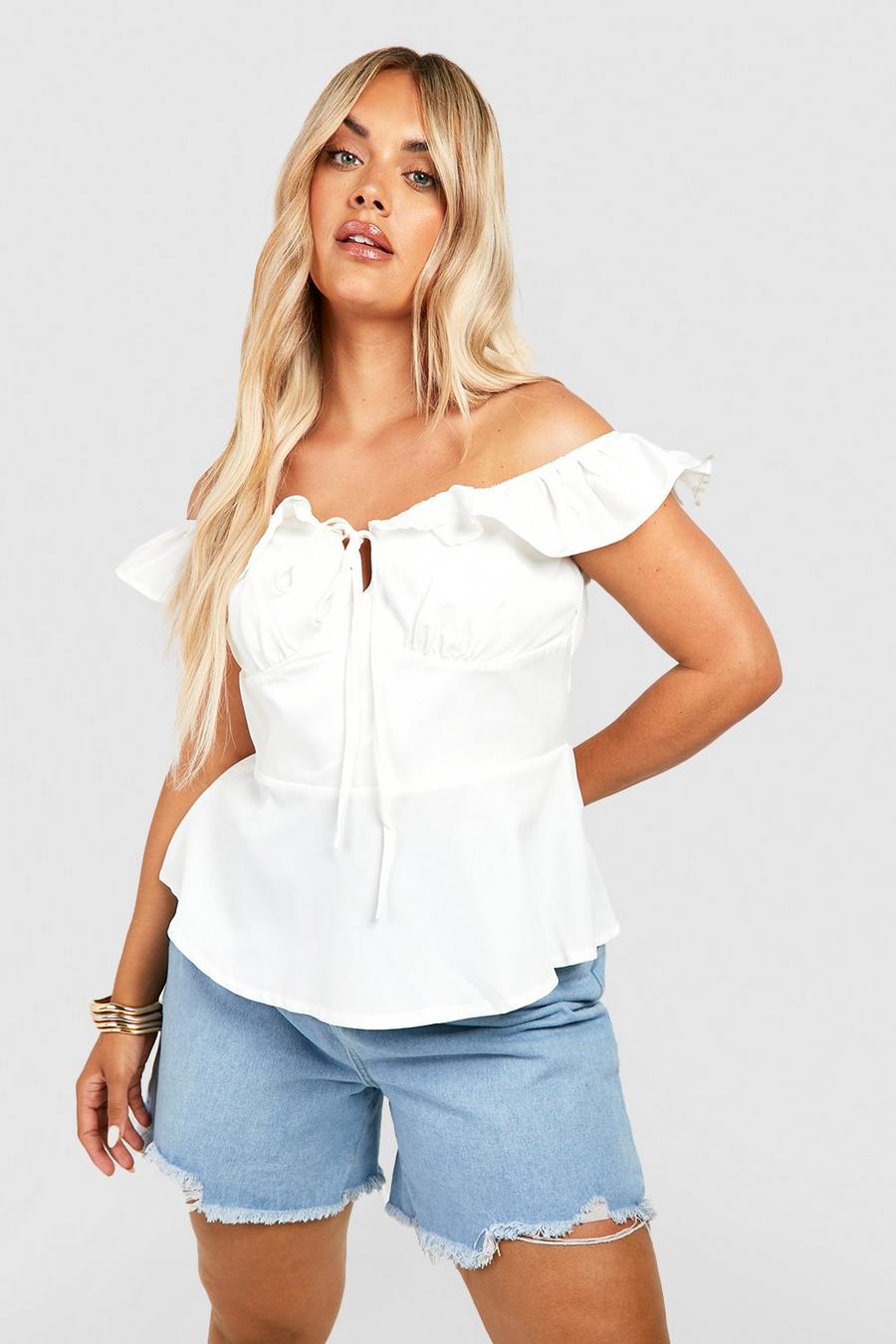 White Plus Ruffle Off The Shoulder Peplum Top image number 1