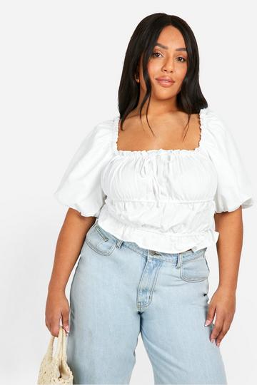 Plus Shirred Puff Sleeve Top white