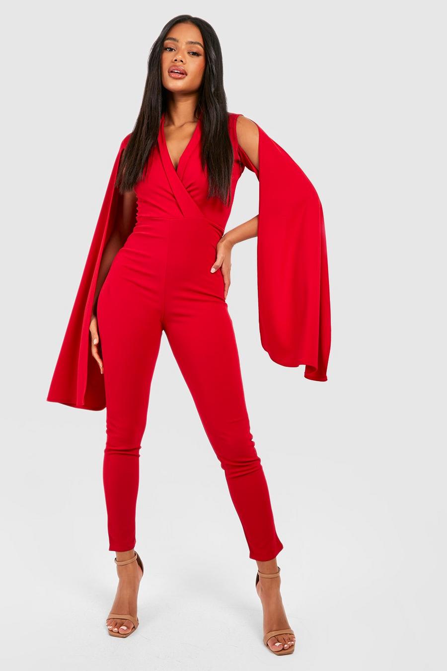 Red Getailleerde Slim Fit Jumpsuit Met Cape Detail