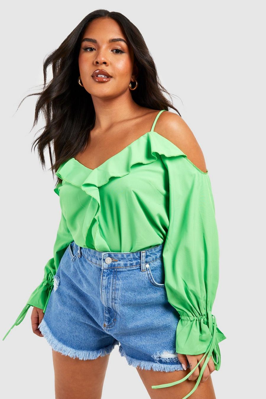 Lime Plus Ruffle Front Cold Shoulder Top  image number 1