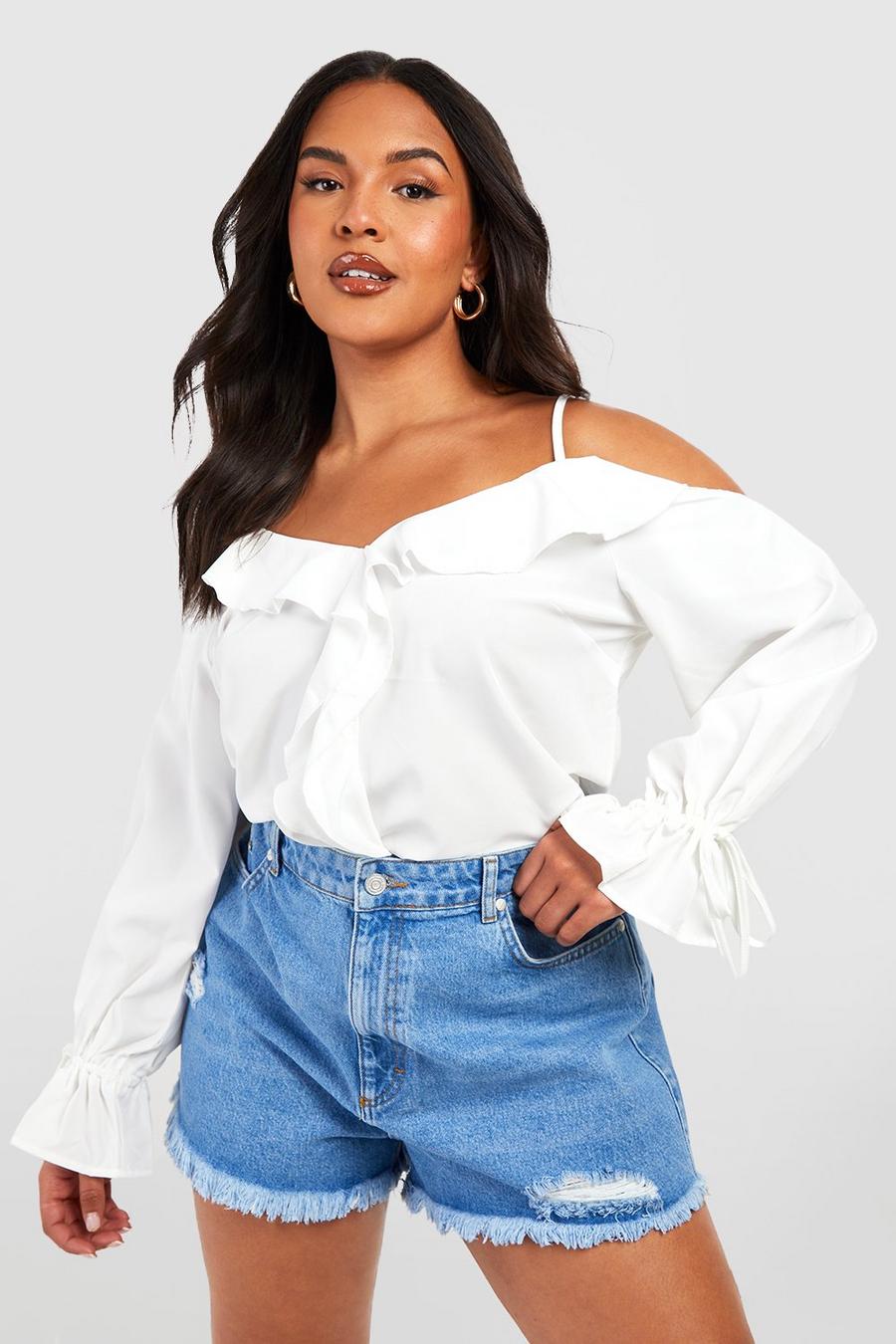 White Plus Ruffle Front Cold Shoulder Top  image number 1