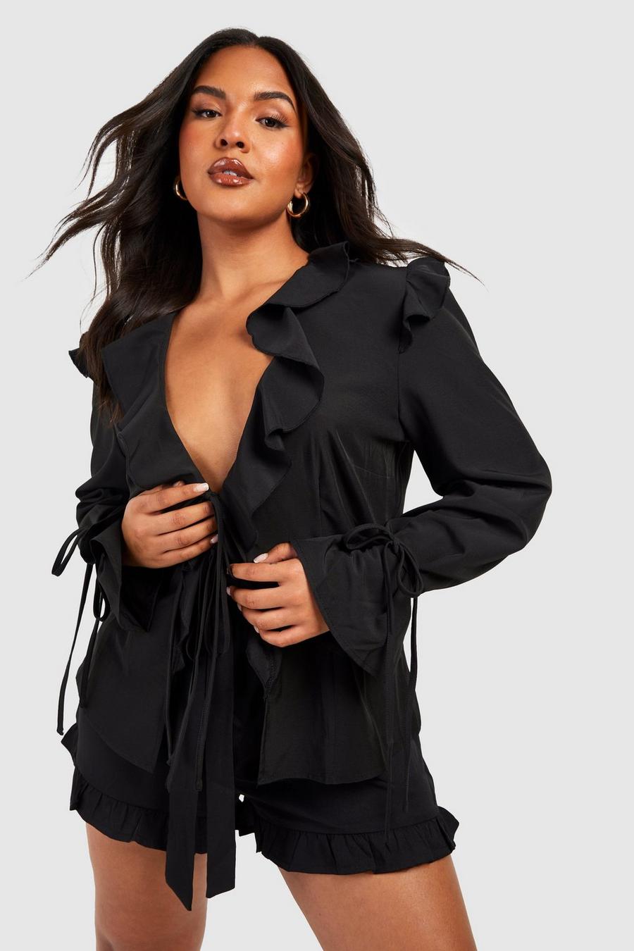Blusa Plus Size con arricciature e laccetti frontali, Black