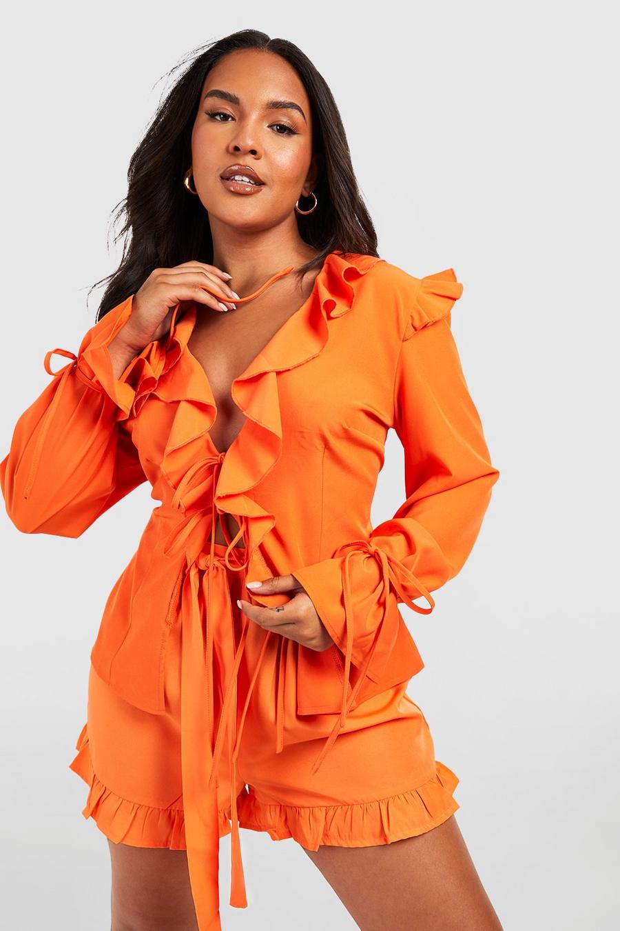 Blusa Plus Size con arricciature e laccetti frontali, Orange image number 1