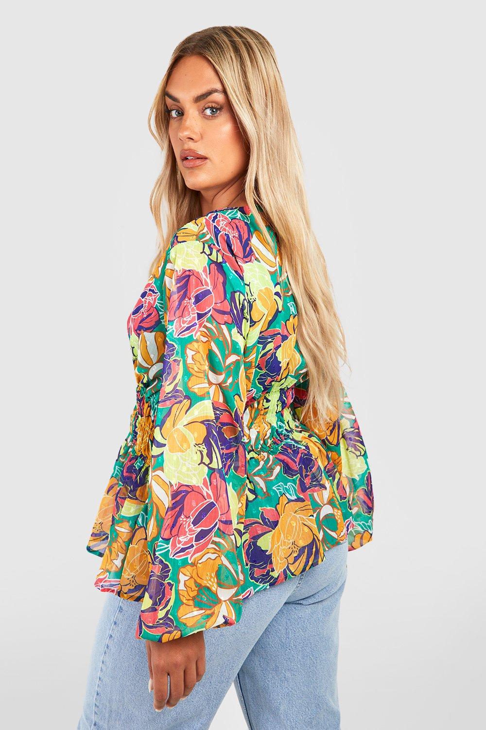 Green Plus Floral Dobby Volume Sleeve Peplum Top