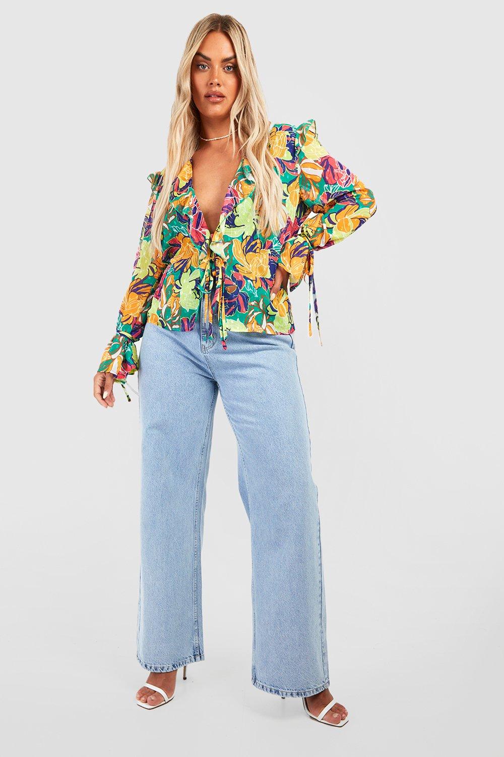 Plus Abstract Floral Tie Front Ruffle Blouse | boohoo