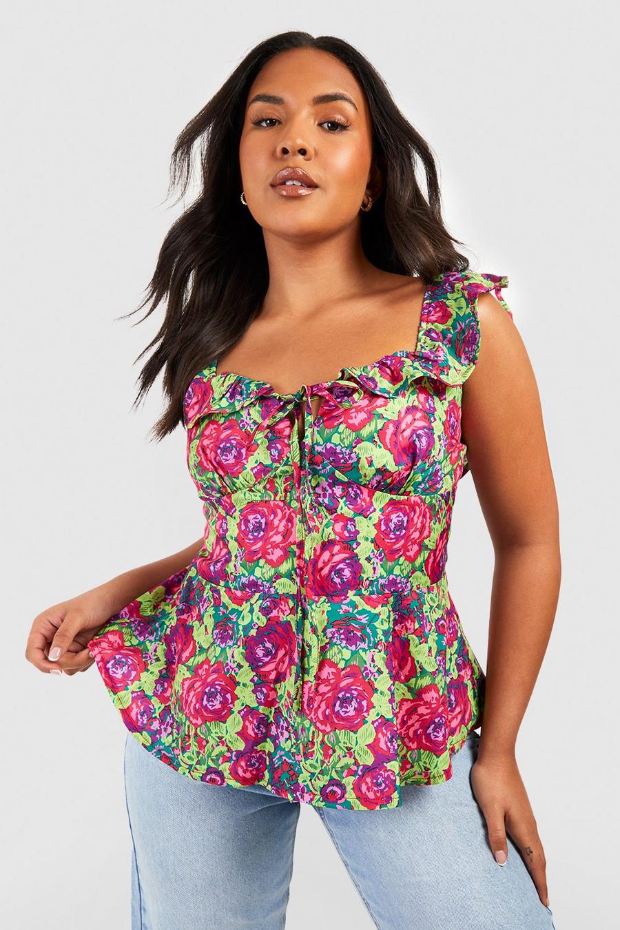 Green Plus Floral Off The Shoulder Peplum Top
