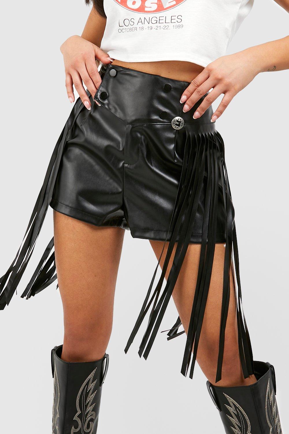 Plus Size Faux Leather Fringe Shorts - Black