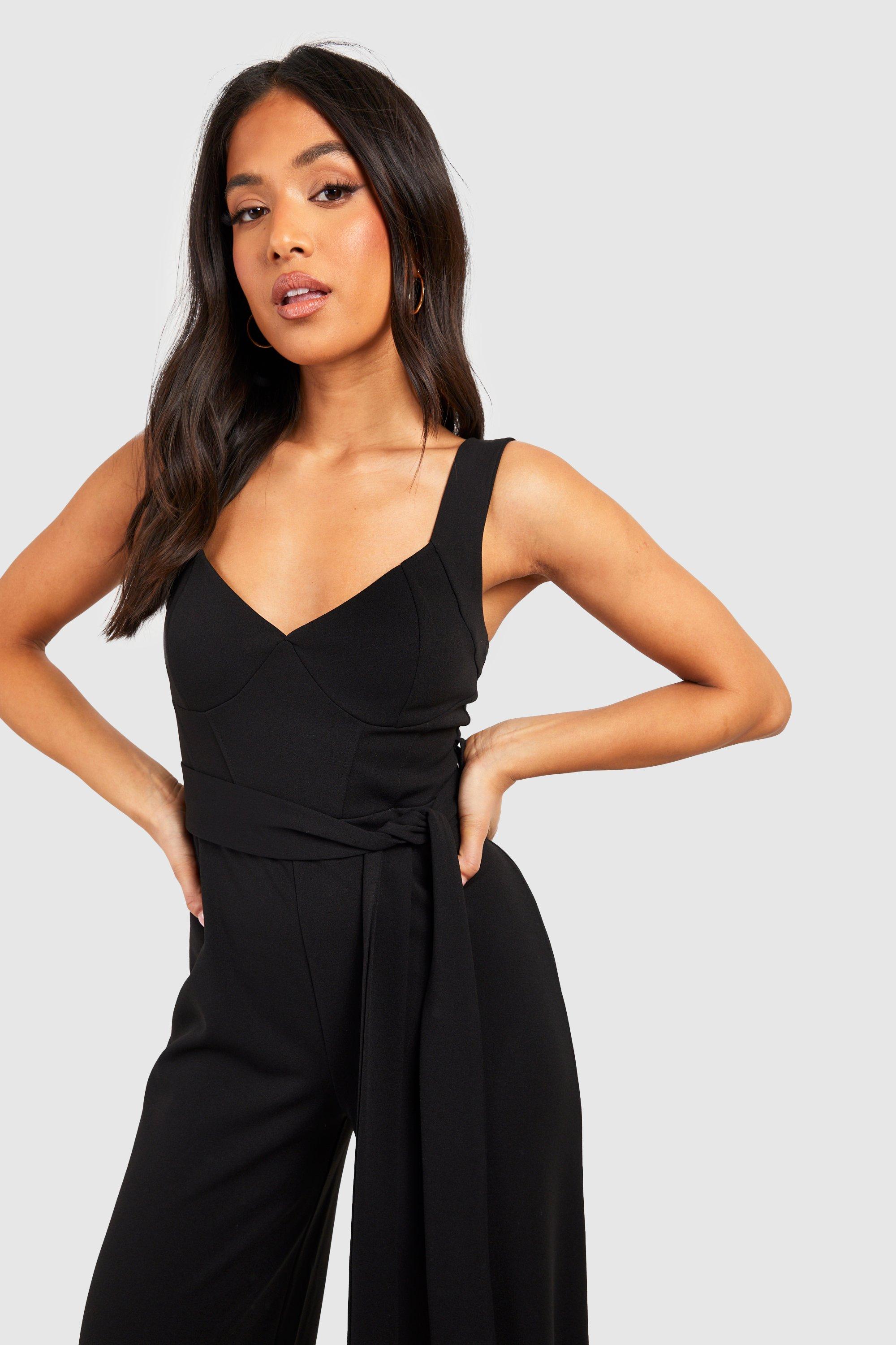 Petite Black Ribbed Strappy Square Neck Flared Jumpsuit