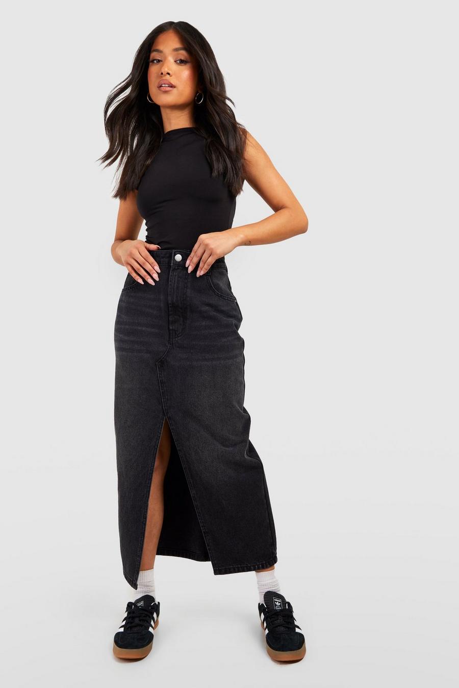 Black Petite Split Front Denim Maxi Skirt