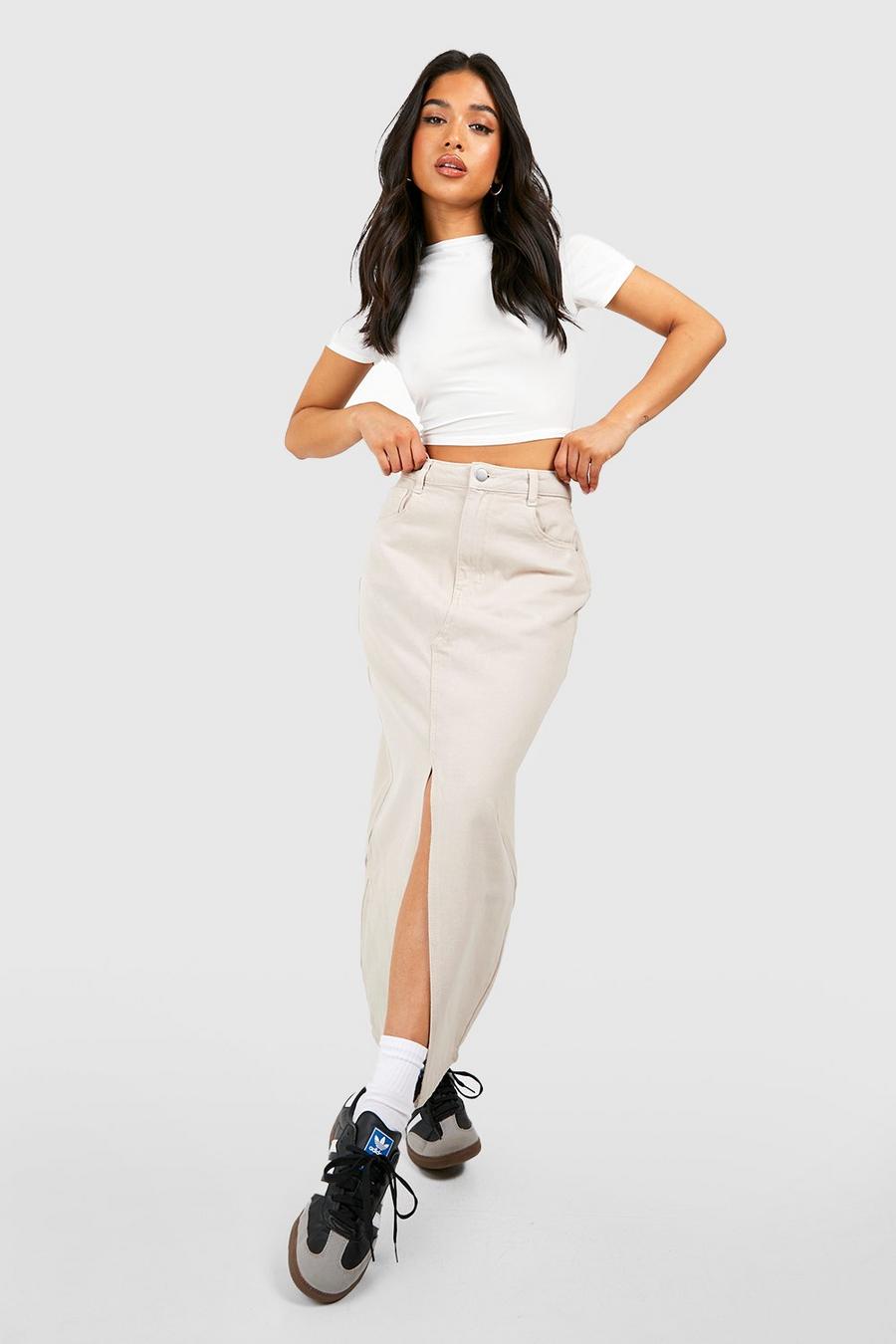 Ecru white Petite Split Front Denim Maxi Skirt image number 1