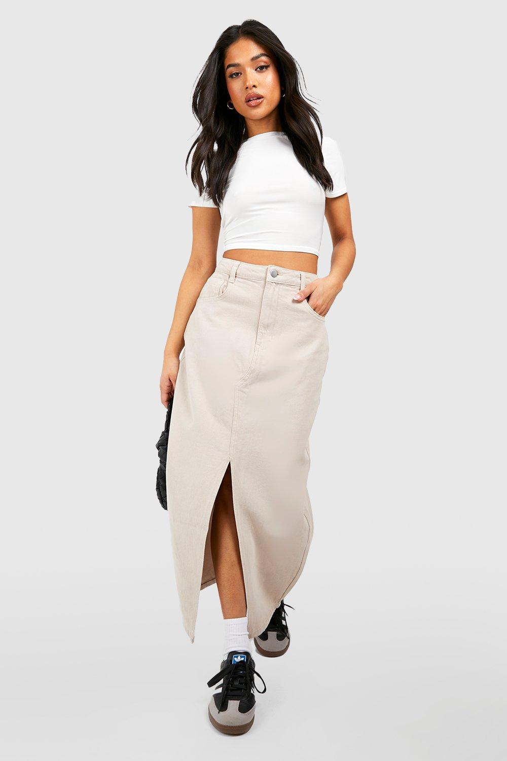 Petite Split Front Denim Maxi Skirt boohoo UK