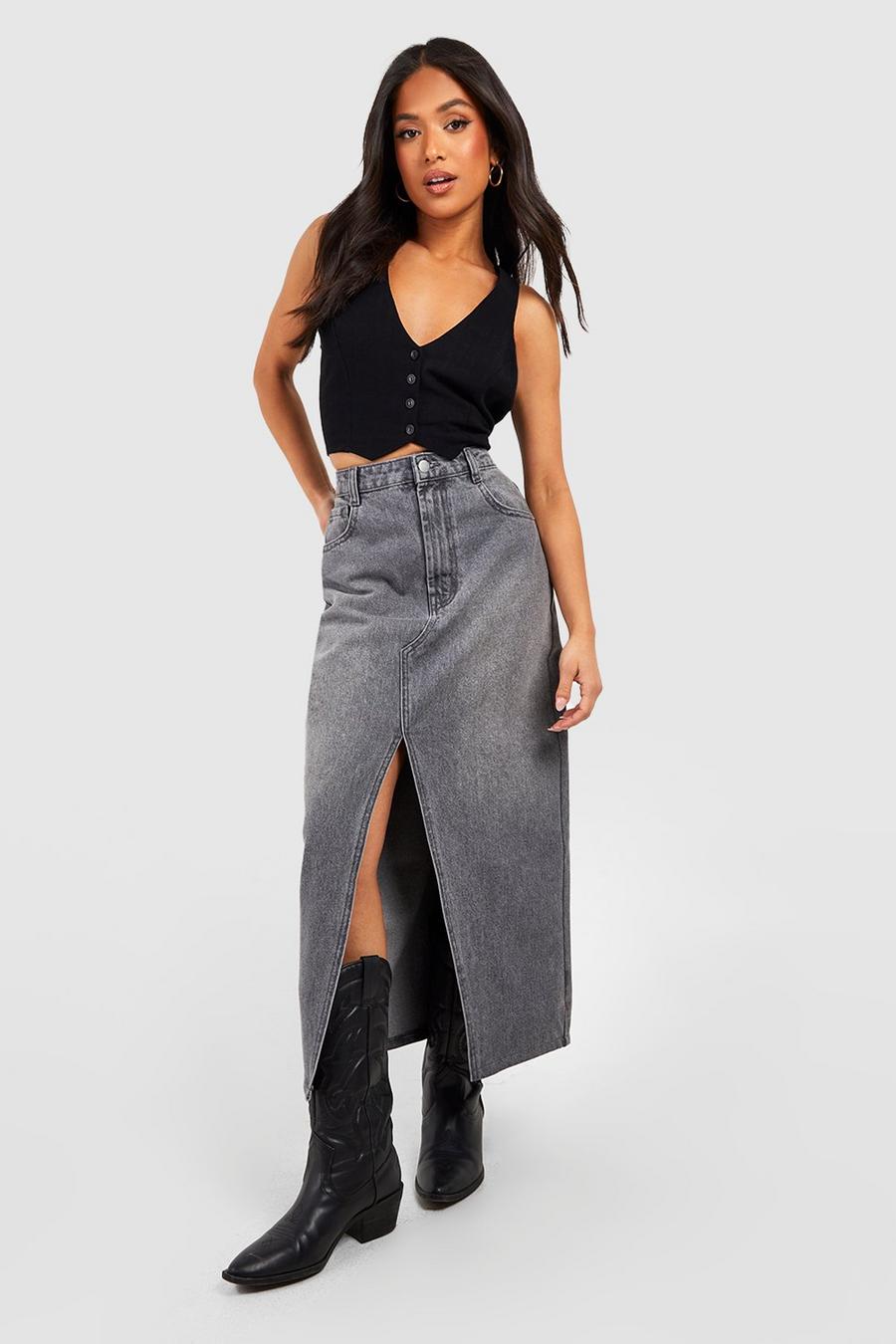 Mid grey gris Petite Split Front Denim Maxi Skirt