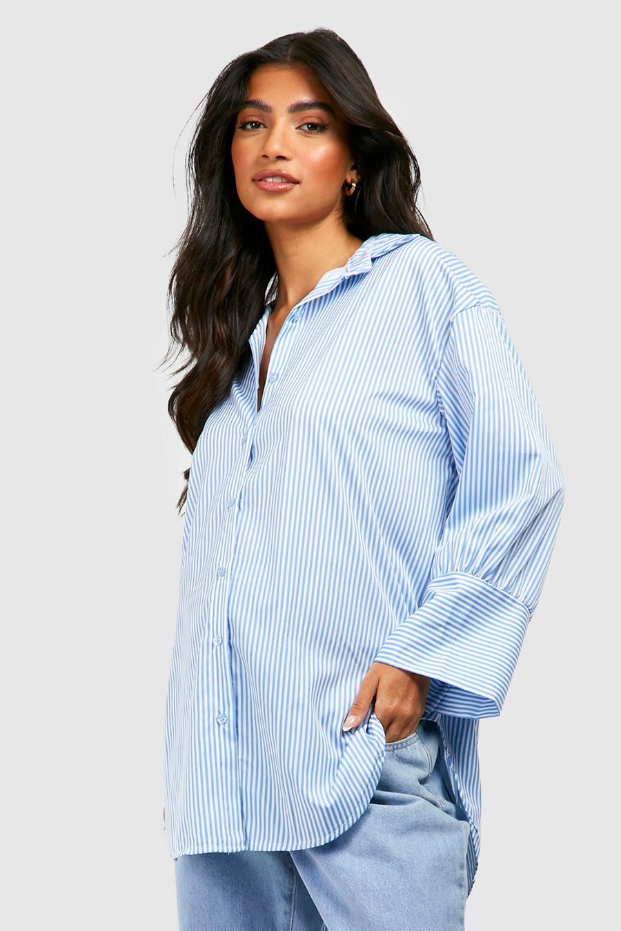Umstandsmode gestreiftes Oversize Hemd aus Popeline, Blue blau image number 1