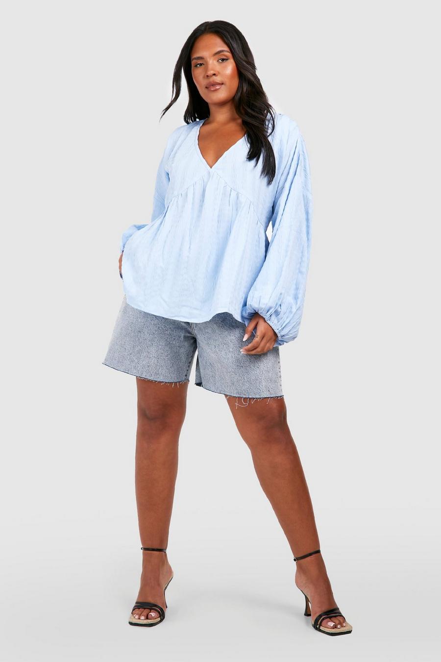 Blue Plus Textured Volume Sleeve V Neck Smock Top image number 1