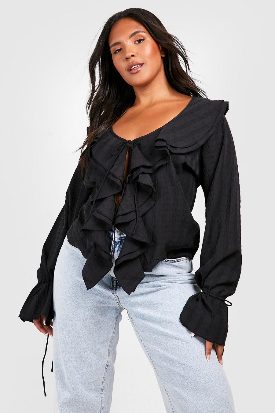 Black Plus Ruffle Front Tie Blouse image number 1